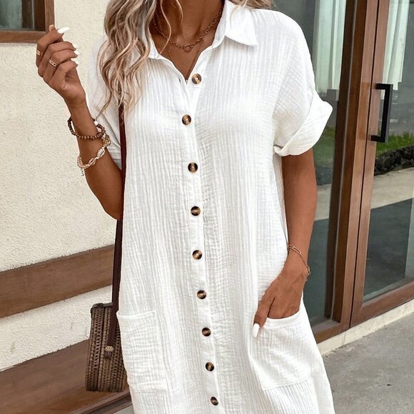 White Casual Women's Summer Solid Color Bat Wing Sleeve Pantshirt Dress - Picture 1 of 5